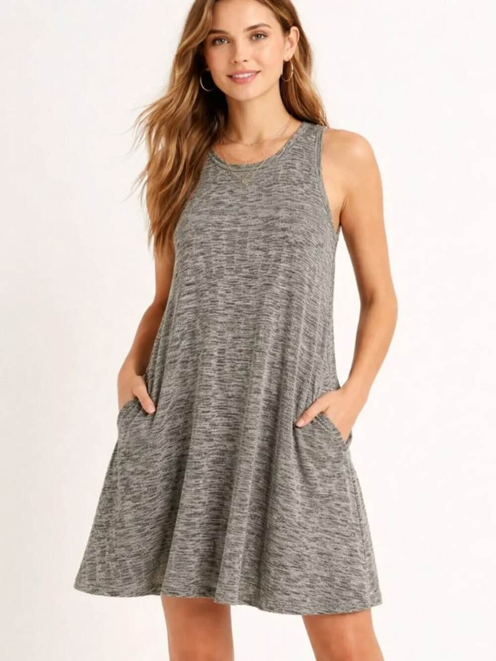 Anthropologie Maeve Emerson Mock Neck Sleeveless Marled Swing Dress w Pockets